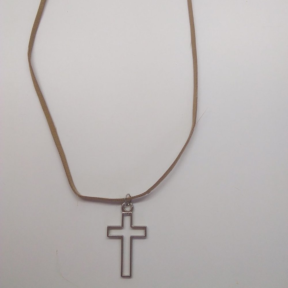 Silver Cross on Leather Necklace